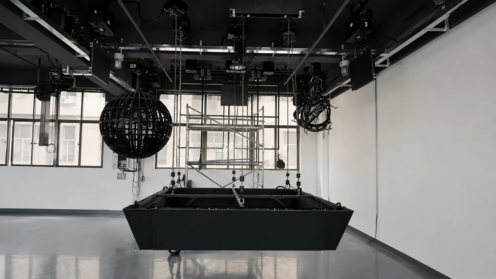 Overhead lifting platform and hoist rails on the workshop floor
