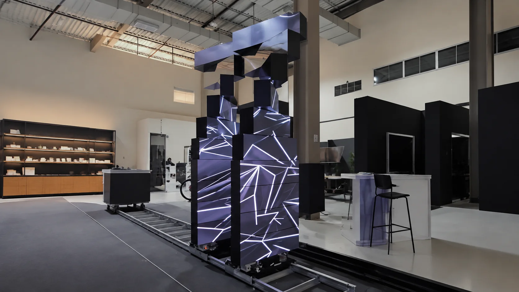 Rotating LED tower platform on rail track in an industrial showroom