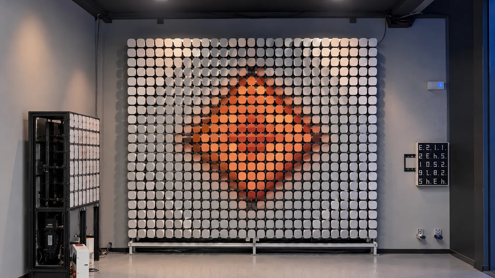 Kinetic flip dot display wall of rotating metal discs forming an orange graphic, with its motion control cabinet alongside
