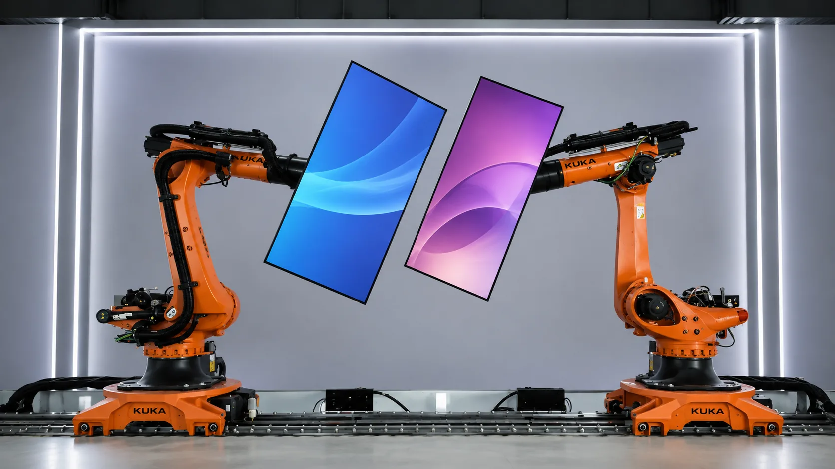 Two industrial robot arms on a floor track carrying vertical displays through a choreographed sequence for a creative LED display set