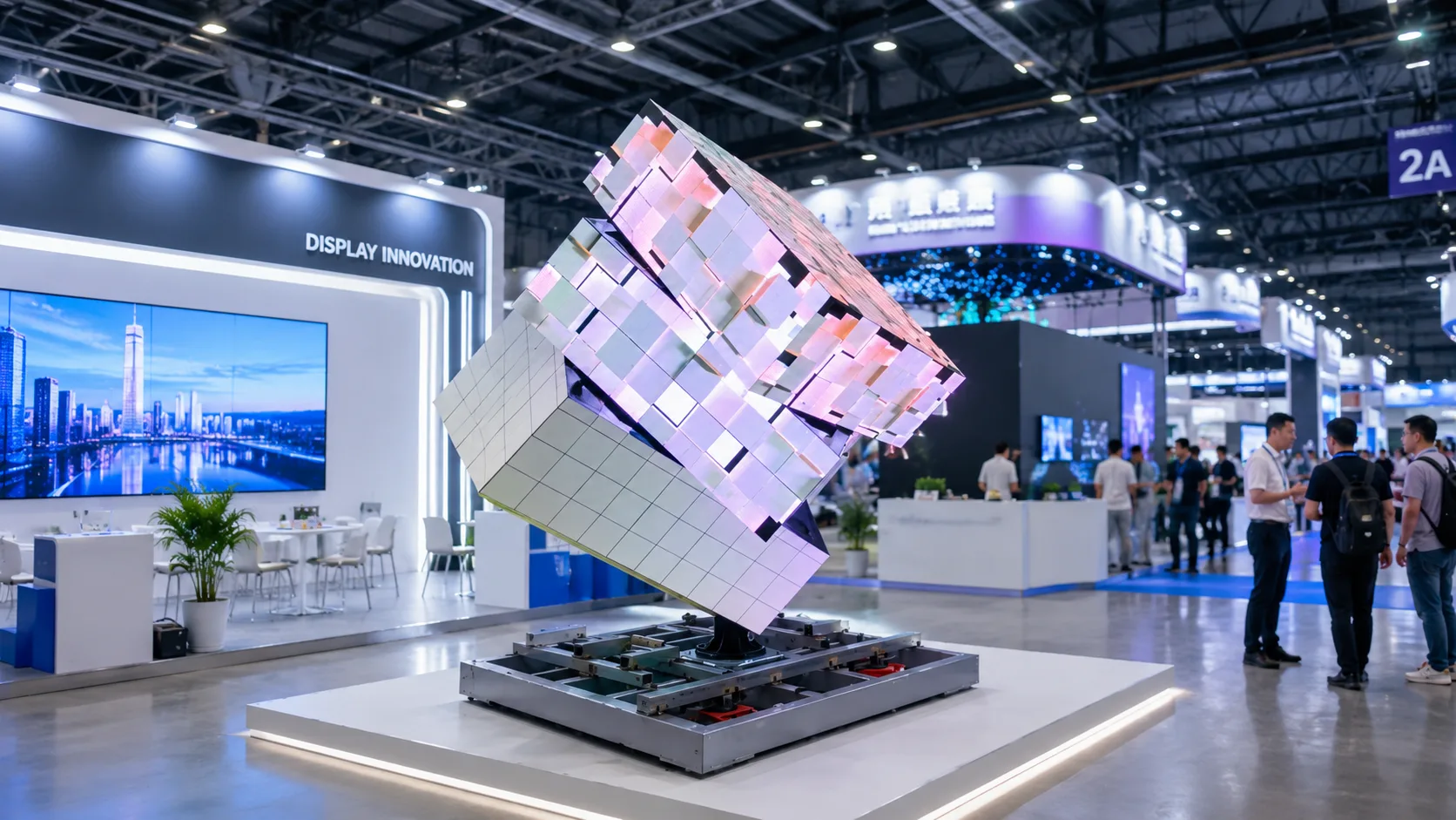 Rotating LED display cube on a motorised base, its tiled faces extending to give the surface relief at an exhibition stand