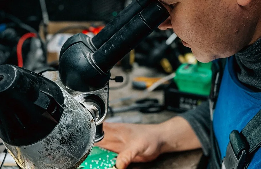 Factory Testing and Overseas Installation Technician factory-testing a circuit board before overseas shipment