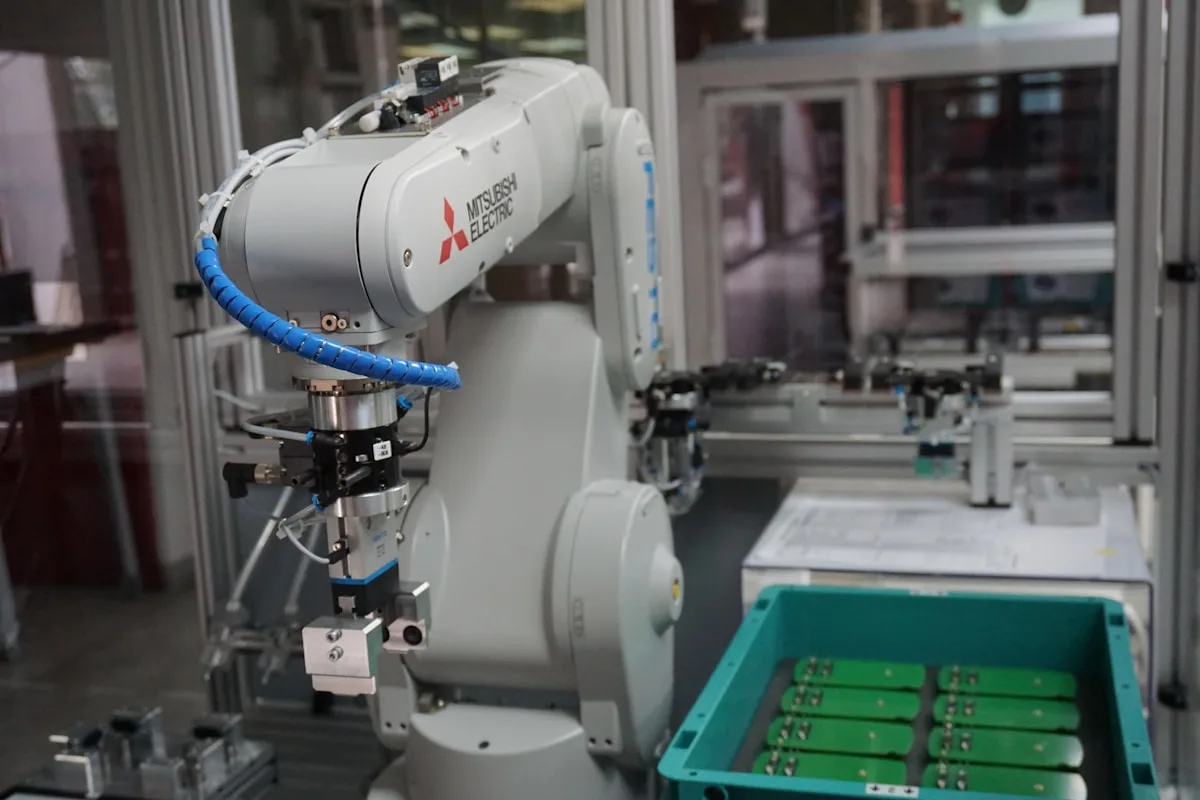 Industrial robotic arm in a clean automation cell (placeholder -- Unsplash)