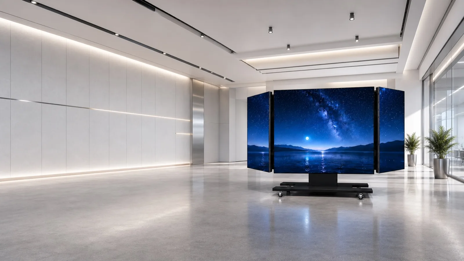Home Foldable lifting LED display in a bright technology showroom