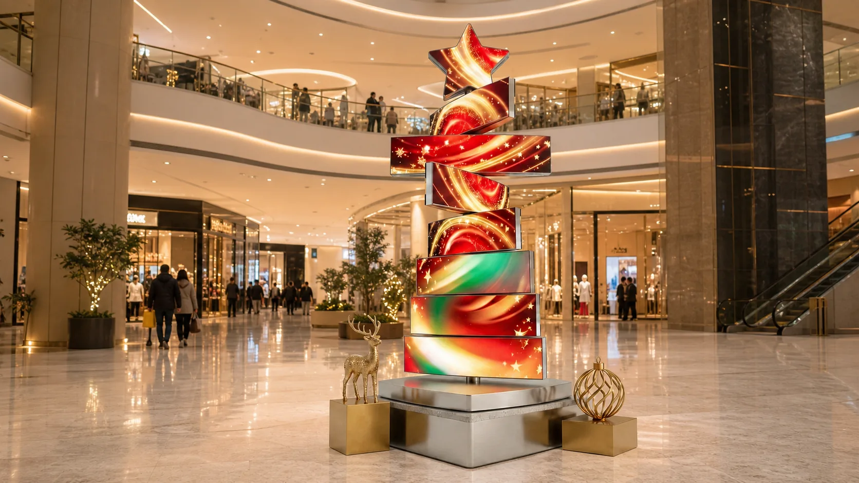 Indoor Multi-Layer Rotating LED Screen Indoor multi-layer rotating LED tower installed in a shopping center