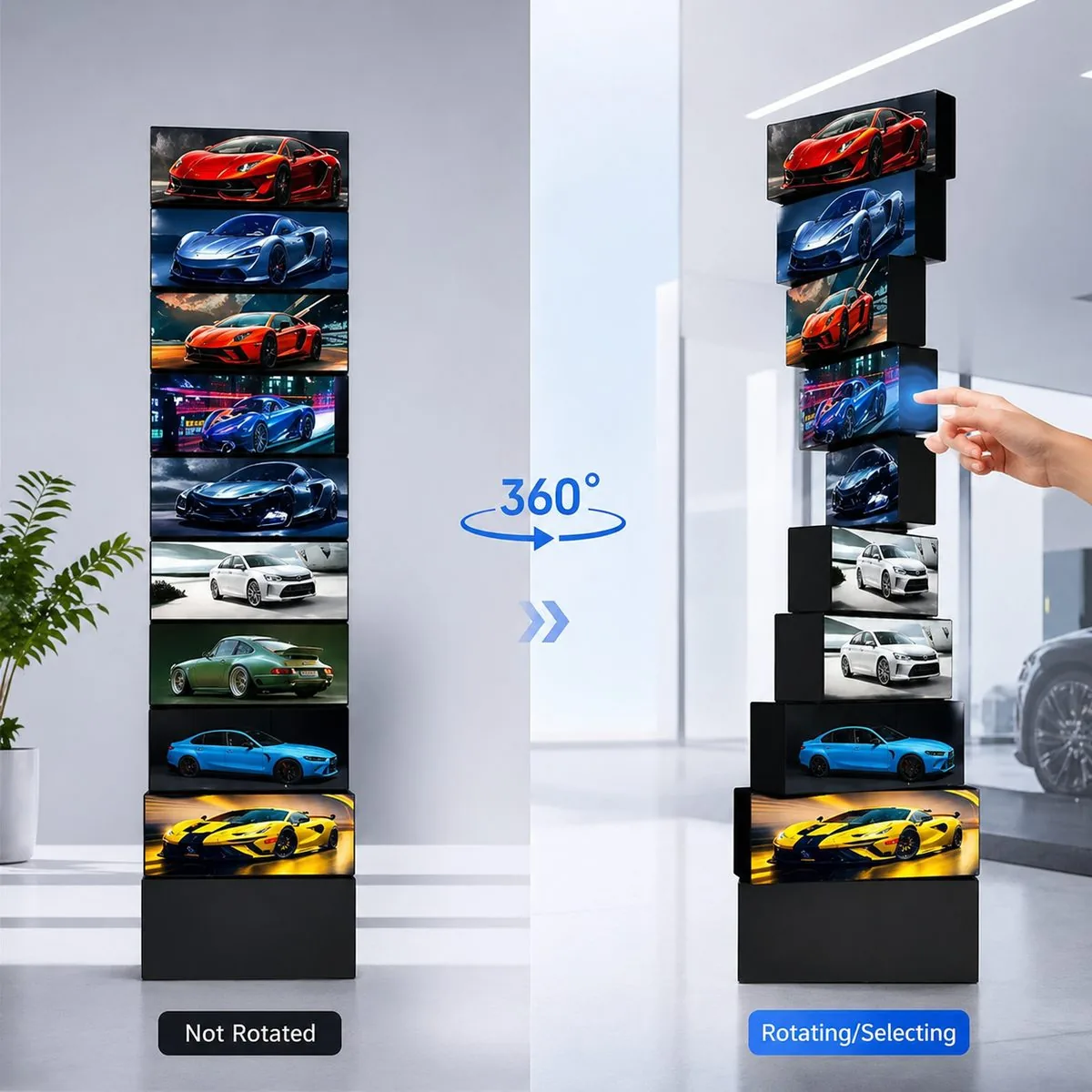Layered Independent Rotation — Rotating LED Tower Platform Rotating LED tower display split-screen showing static and rotating states, each layer independently selecting content