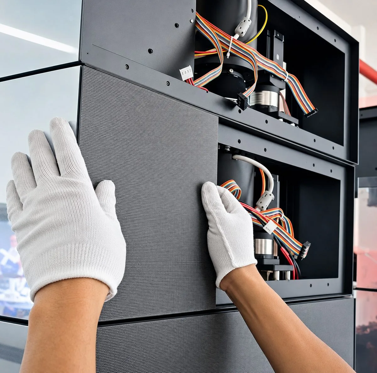 Soft Start, Soft Stop — Rotating LED Tower Platform Technician wearing white gloves carefully installing an LED module panel onto a rotating tower layer