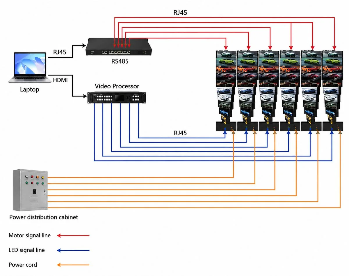 Motion-Display Synchronization — Rotating LED Tower Platform Control system diagram showing laptop, video processor and RS485 motor control network driving synchronized LED tower layers