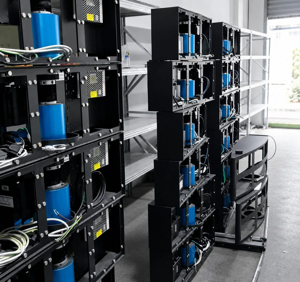 Unlimited-Angle Rotation — Rotating LED Tower Platform Rows of servo drive units and roller bearing assemblies for rotating LED tower layers in a factory setting