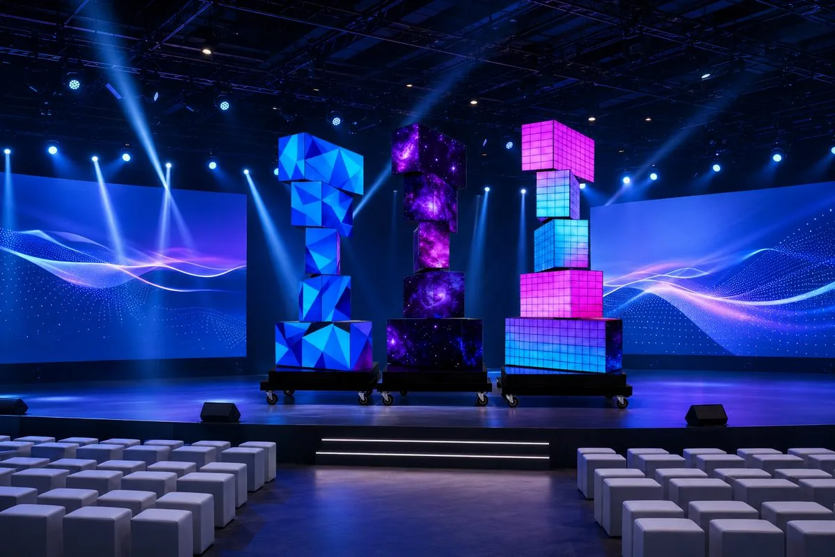 Rotating LED Tower Platform — Automotive & Brand Spaces Three colorful rotating LED tower displays on a brand launch event stage
