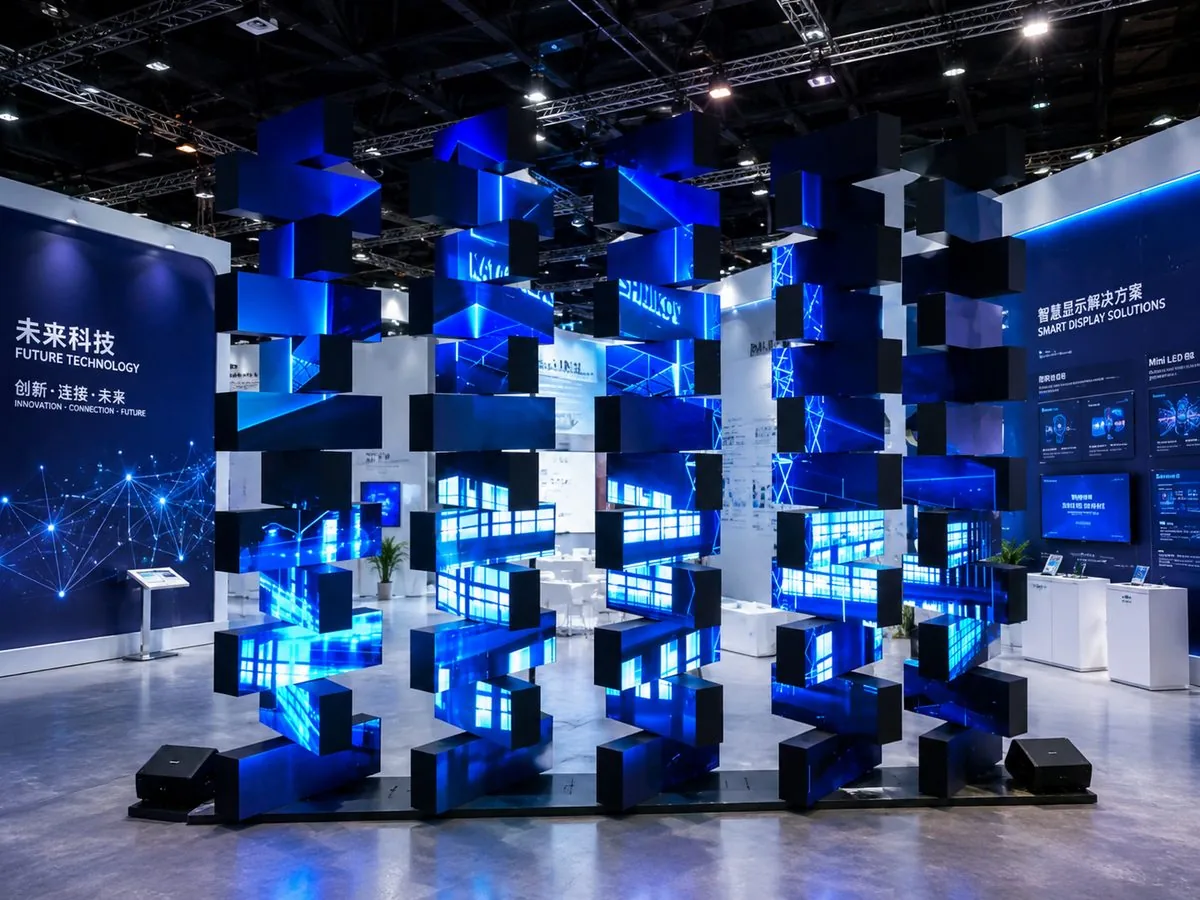 Indoor Multi-Layer Rotating LED Screen Rectangular double-sided rotating LED tower at an exhibition