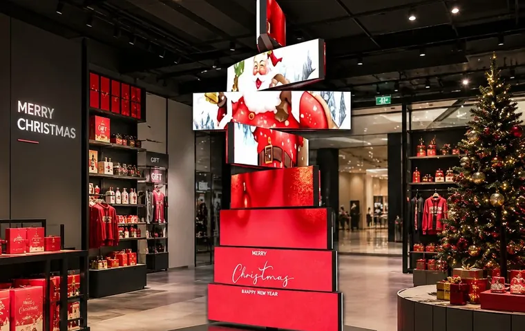 Home Multi-layer rotating LED tower in a retail store Christmas display