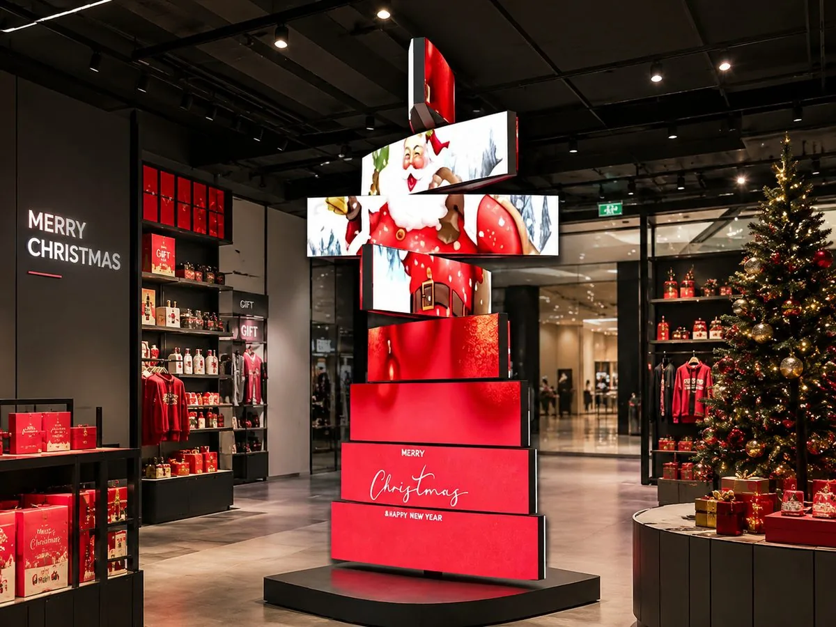 Rotating LED Tower Platform — Retail & Showrooms Rotating LED tower shaped like a Christmas tree display inside a retail store